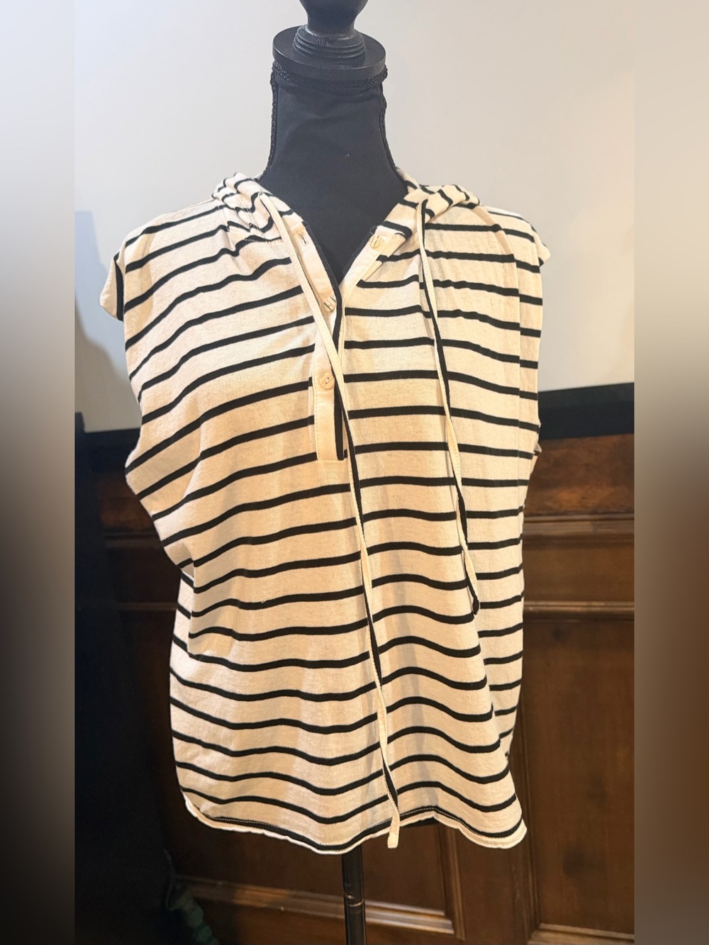 LIKE NEW SIZE S OVERSIZED POL Black and White Striped Hooded Muscle Tee